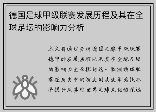 德国足球甲级联赛发展历程及其在全球足坛的影响力分析